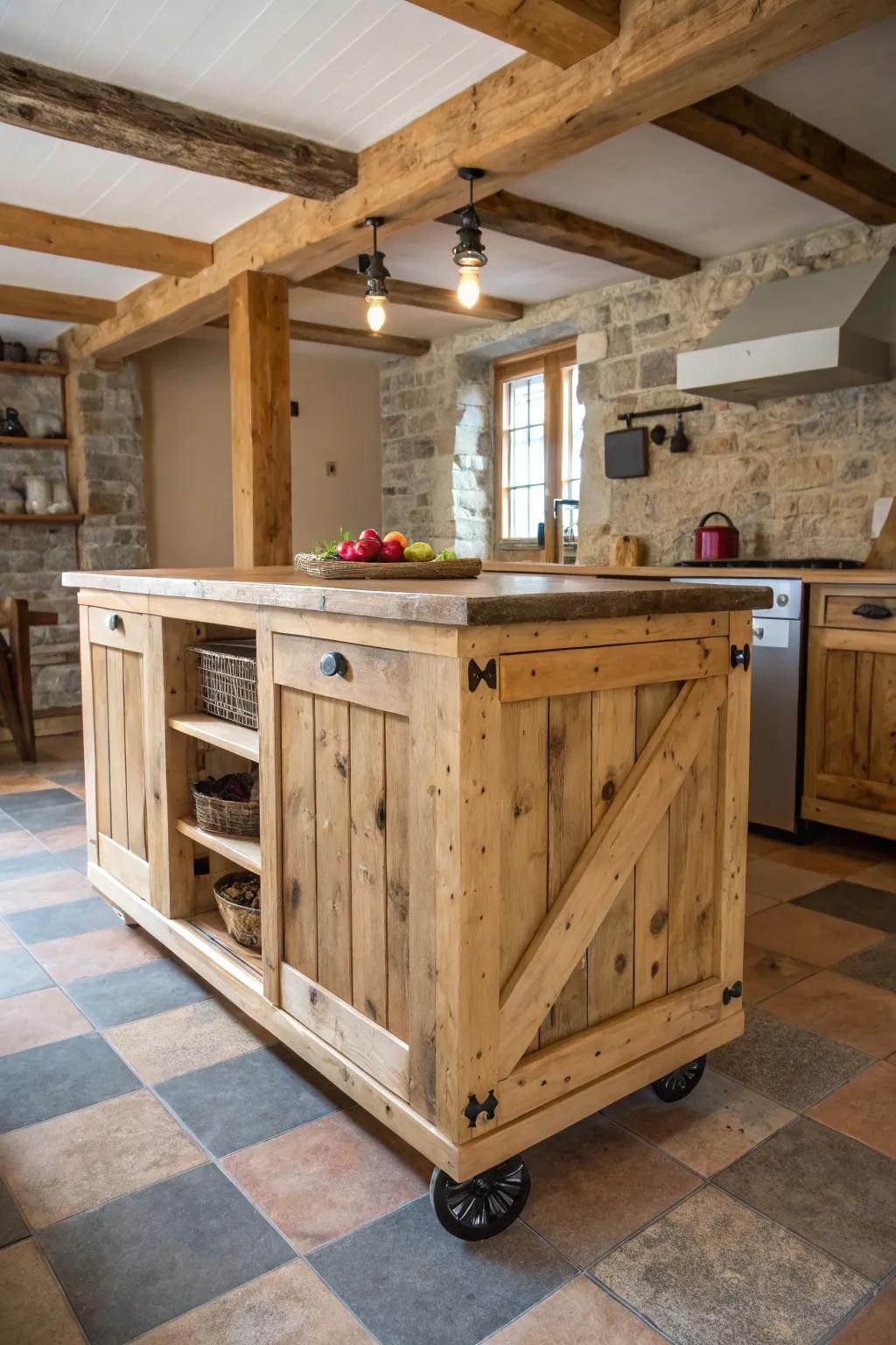 A charming reclaimed wood kitchen island