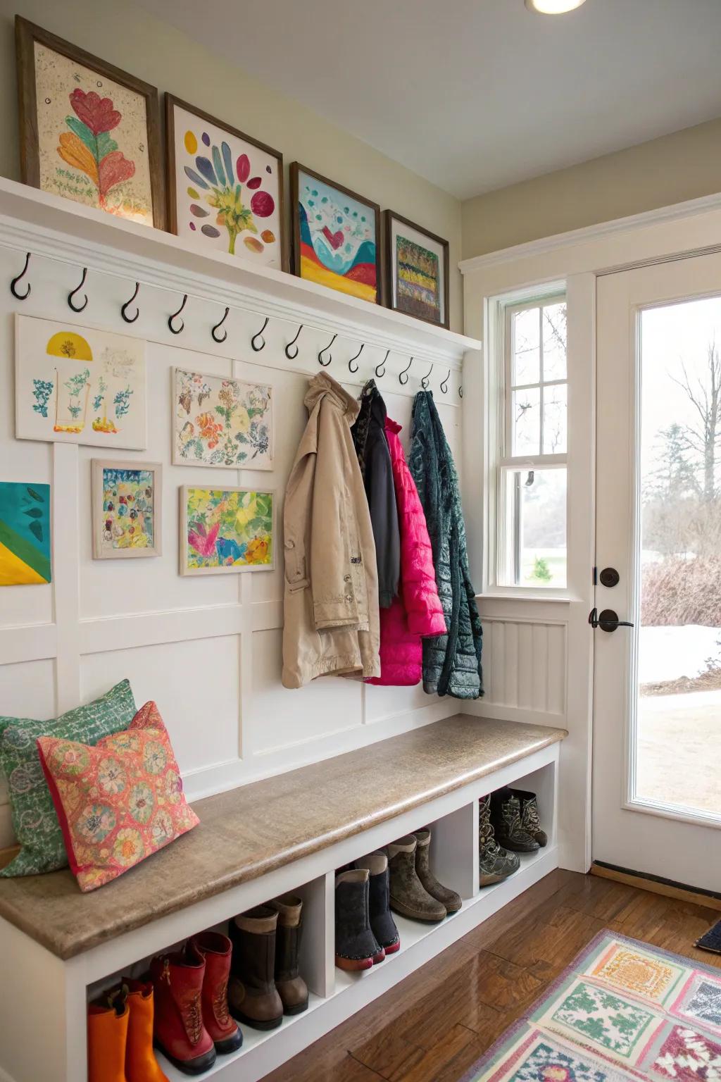 A personalized mudroom bench area accentuated with art.