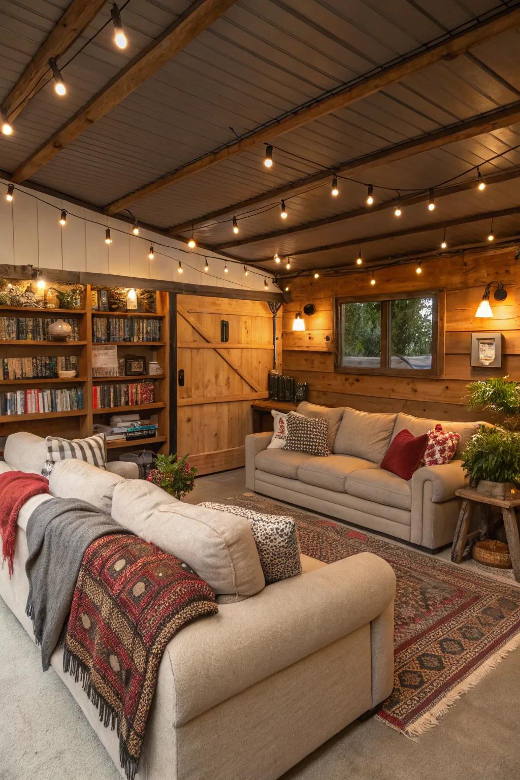 A cozy living area set up within a garage.