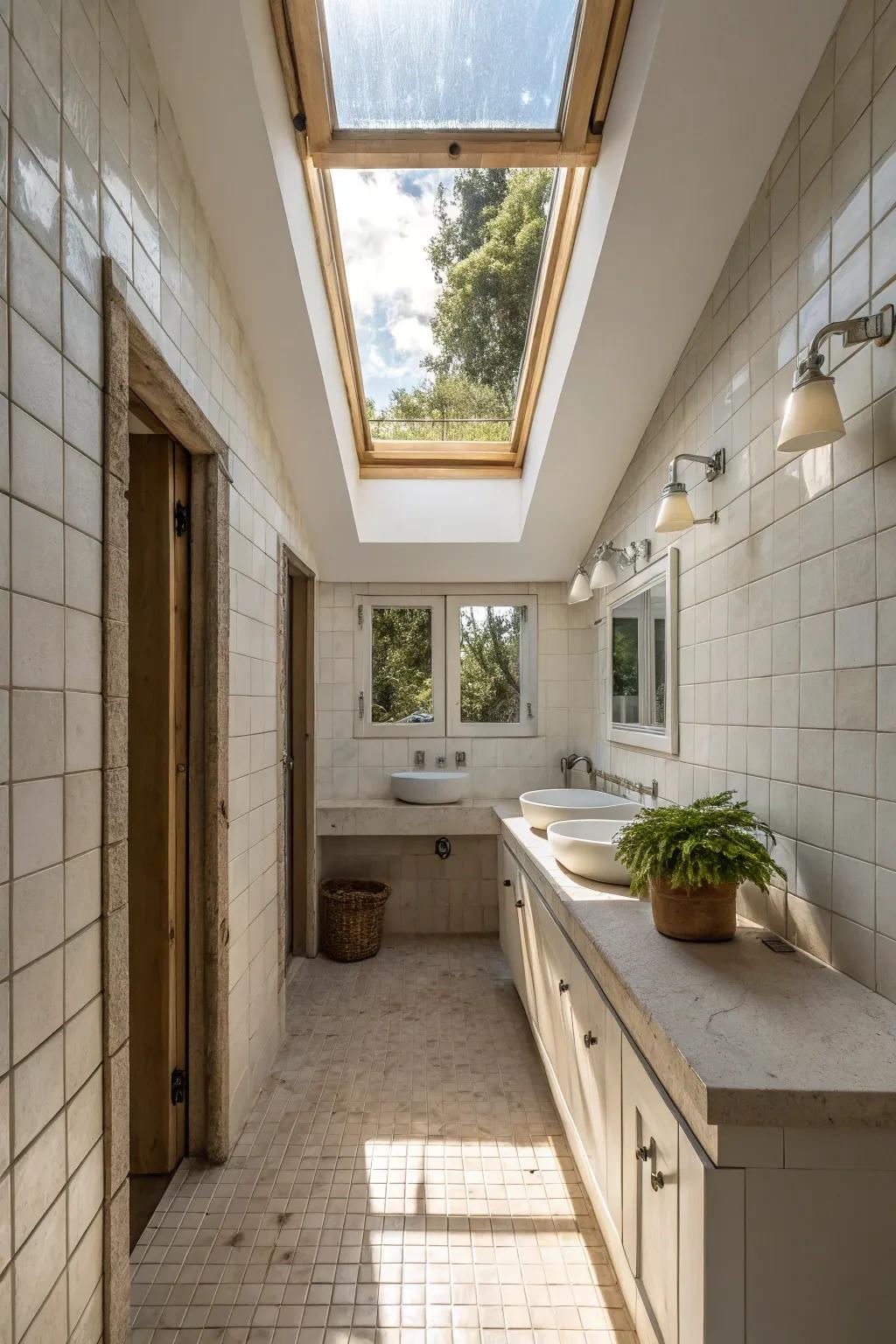 Skylights introduce light and elegance to narrow bathroom designs.