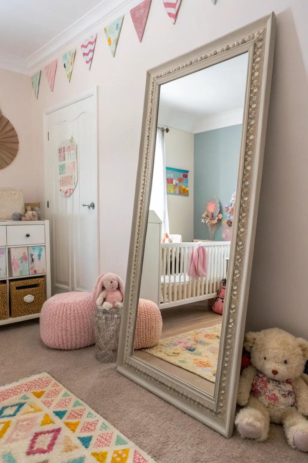 An oversized mirror adds drama and impact to this nursery.