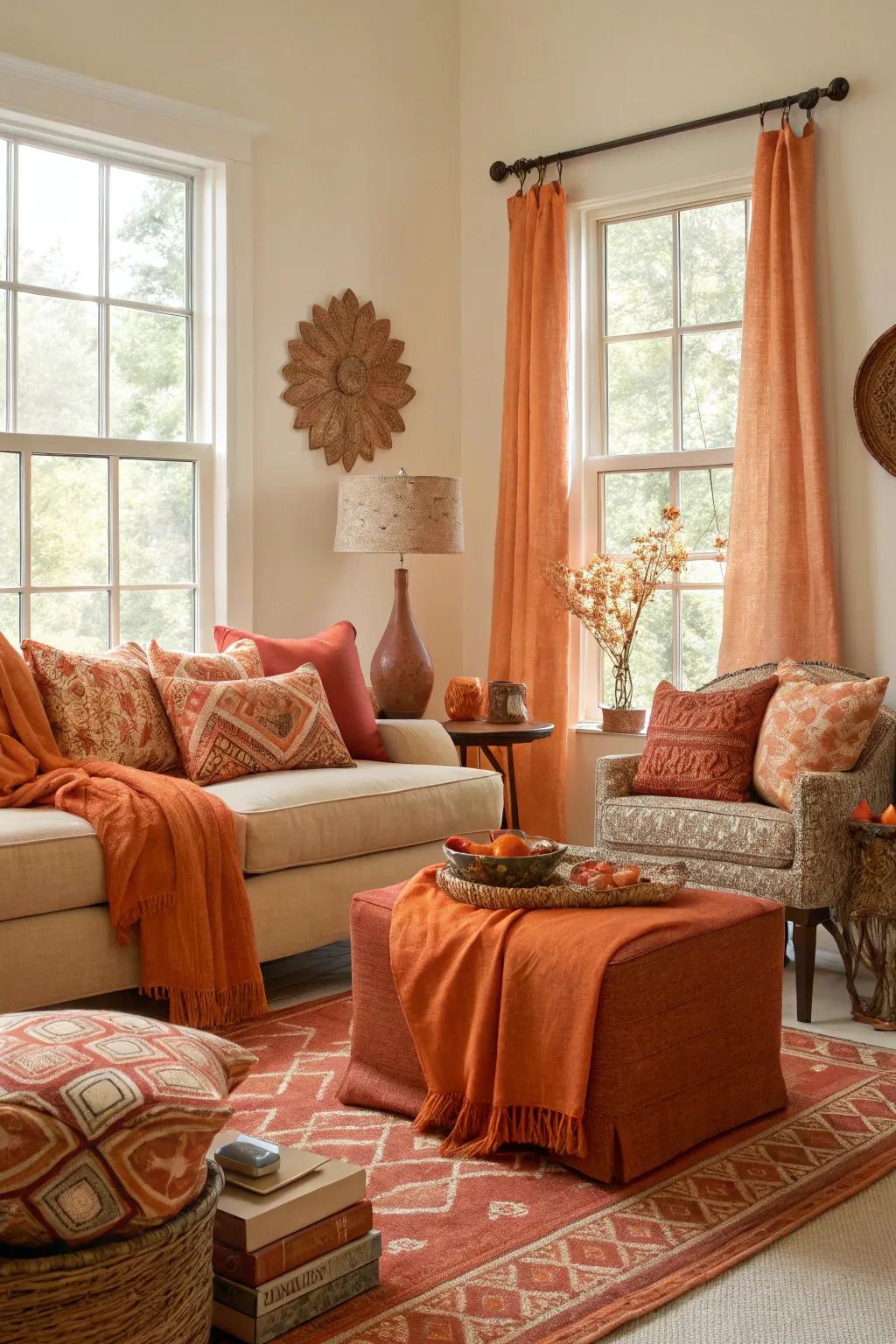 Various shades of orange create depth and dynamism in the living room.