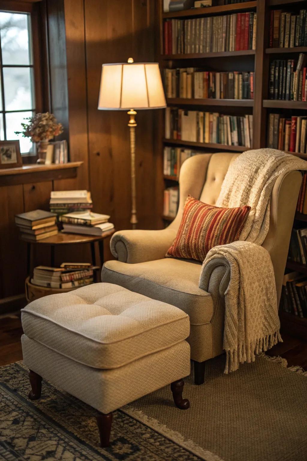 A comfy ottoman perfect for a reading nook