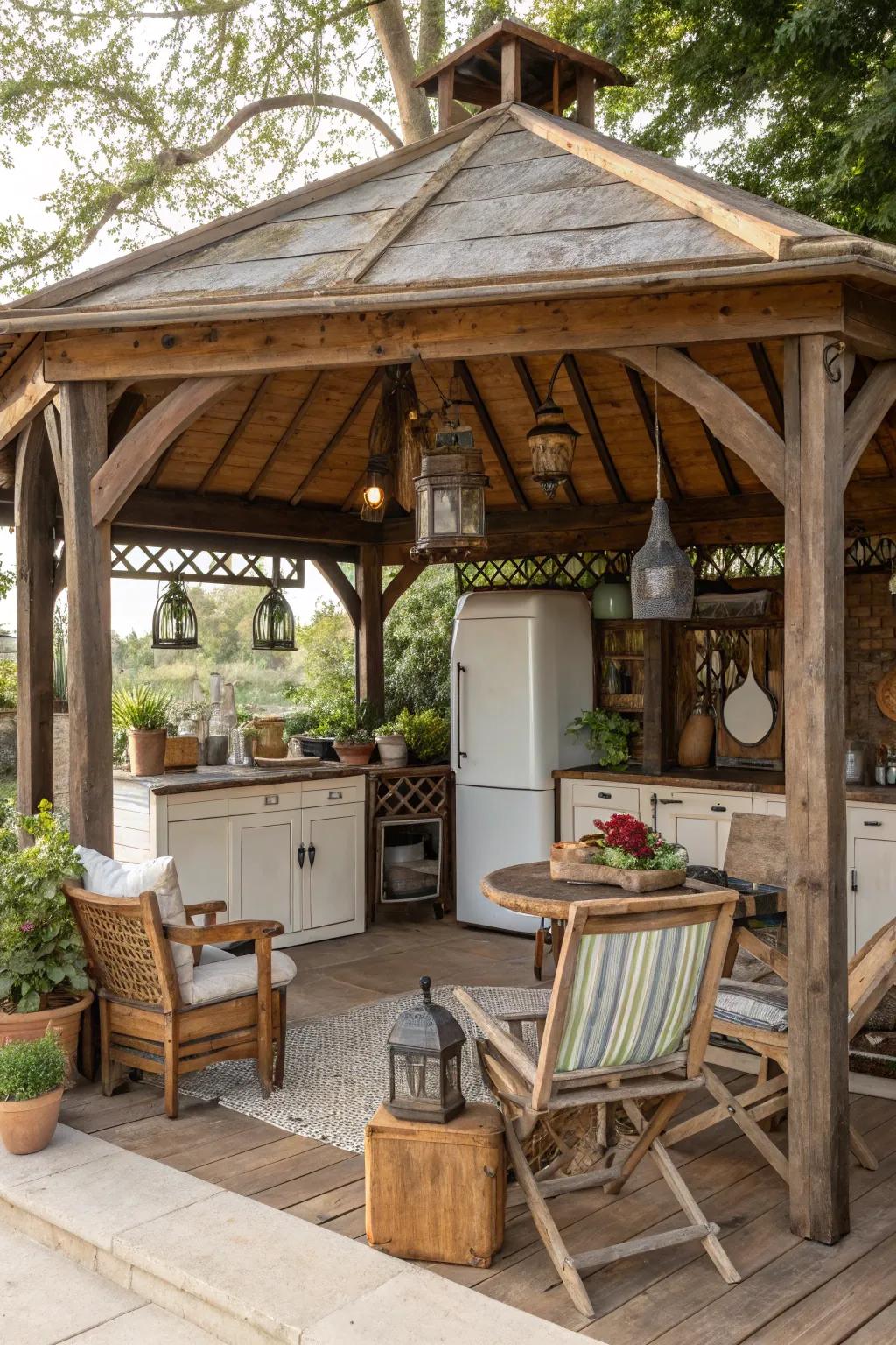 Bring nostalgic charm with a vintage-inspired outdoor kitchen gazebo.