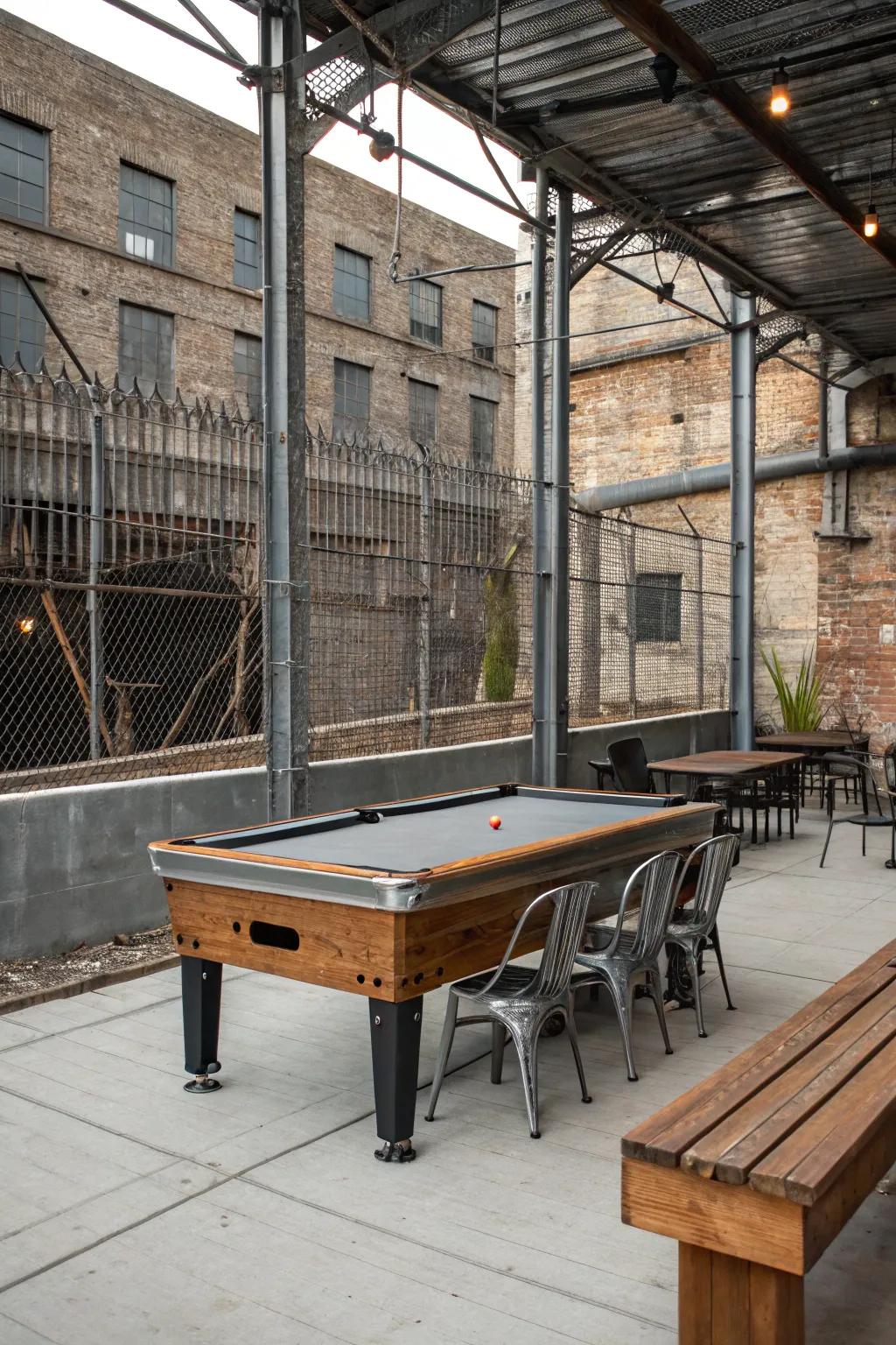 An industrial-style pool table area with metal and wood elements.