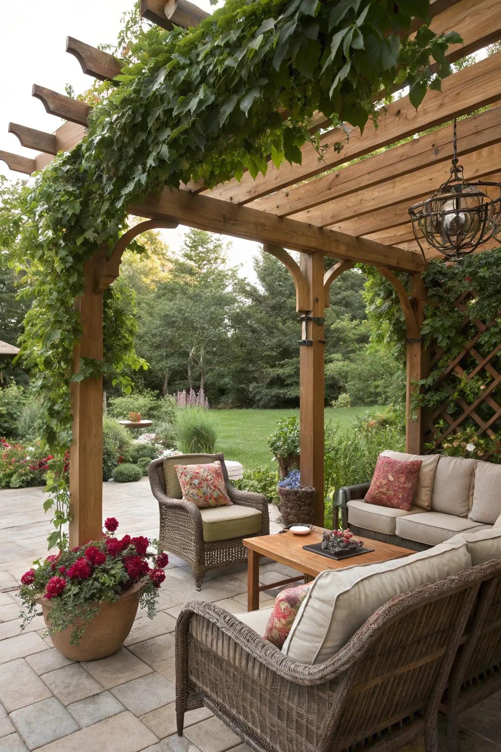 Pergolas offer shade and a structured aesthetic for outdoor spaces.