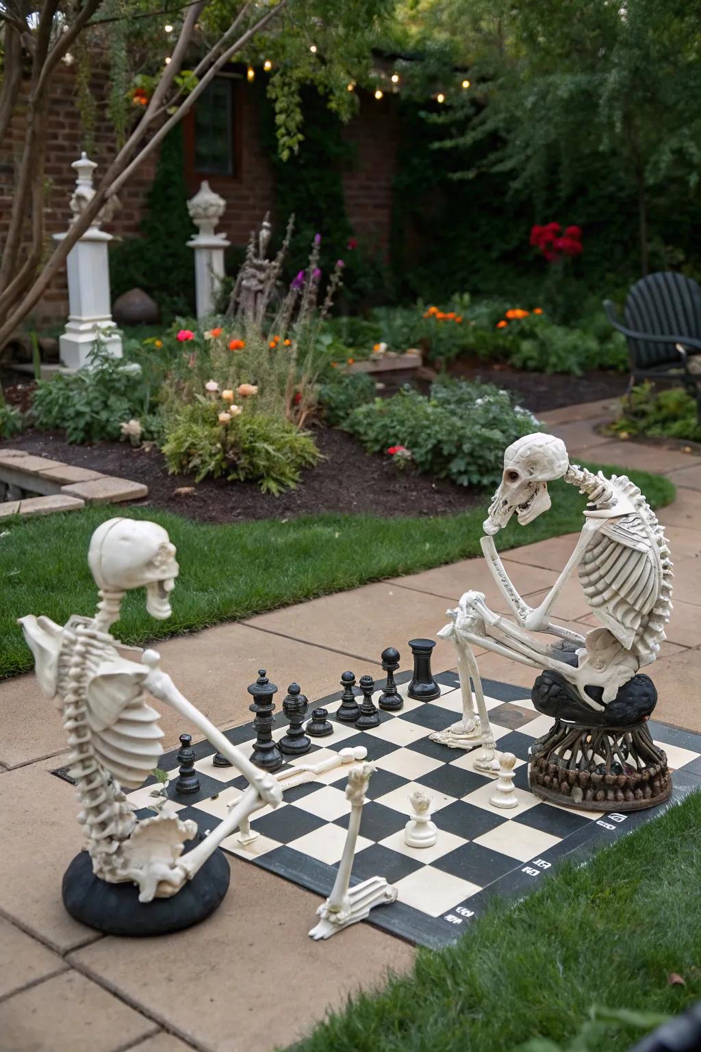 Skeletons deep in thought over a game of chess.