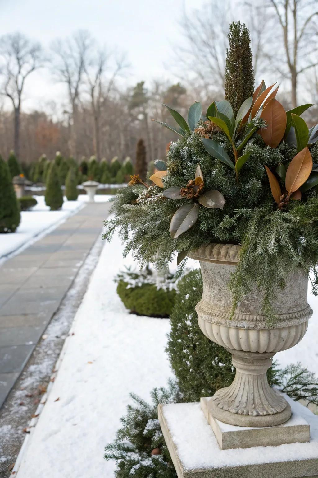 Unexpected greenery like magnolia leaves adds elegance.