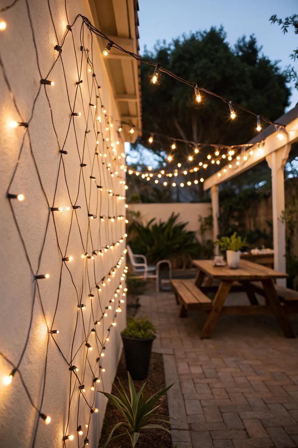 Whimsical string lights create a lively backdrop on the patio wall.