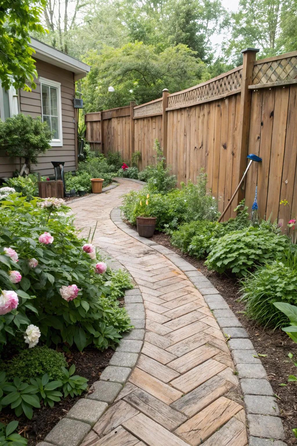 A rustic wood-look walkway adding warmth to a cozy garden.