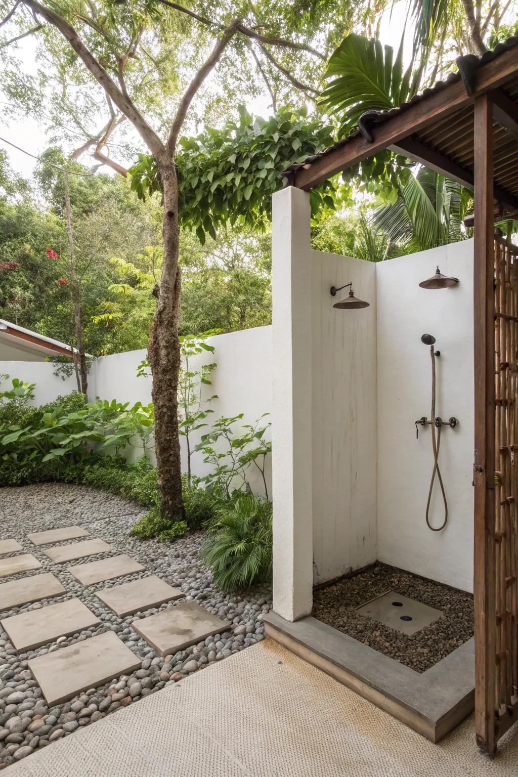 A spa-like outdoor shower with natural charm.