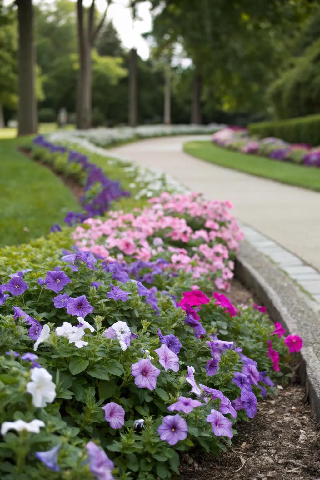 Periwinkle offers lush groundcover magic beneath vibrant petunias.