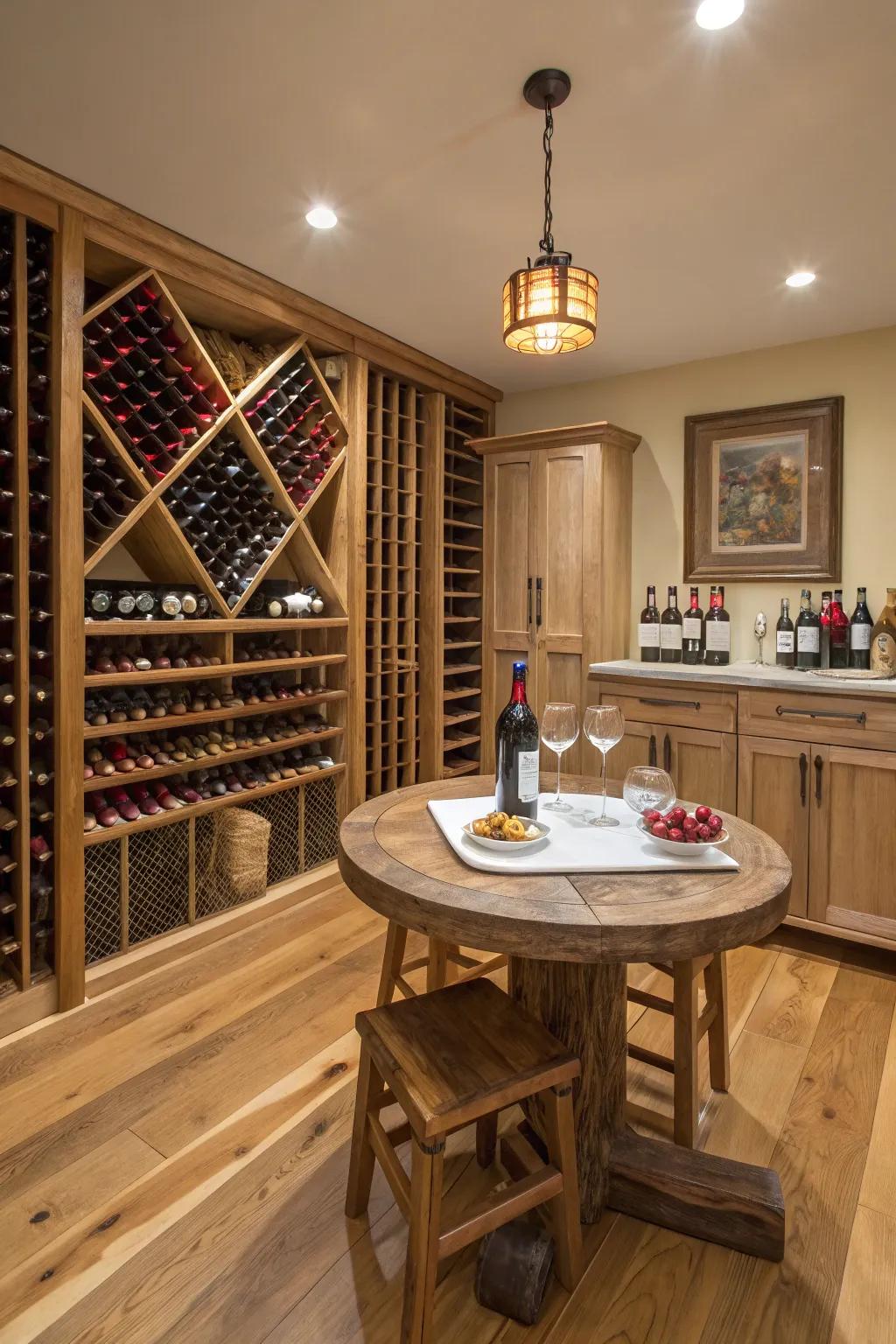 A wine display in a pole barn featuring wine racks and a tasting table.