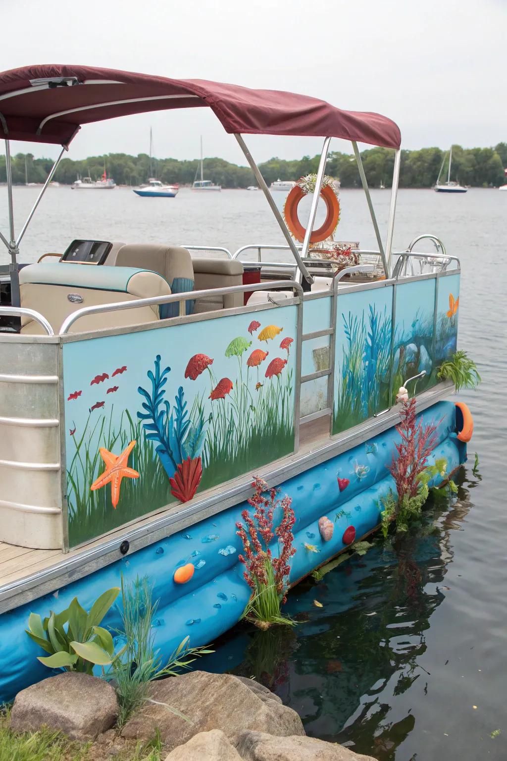 Under the sea-themed pontoon boat with vibrant marine decorations.