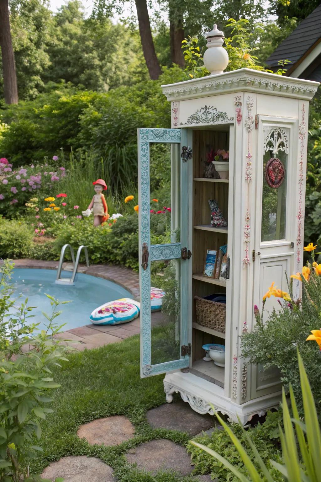 A repurposed vintage cabinet adding a quirky touch to the garden.