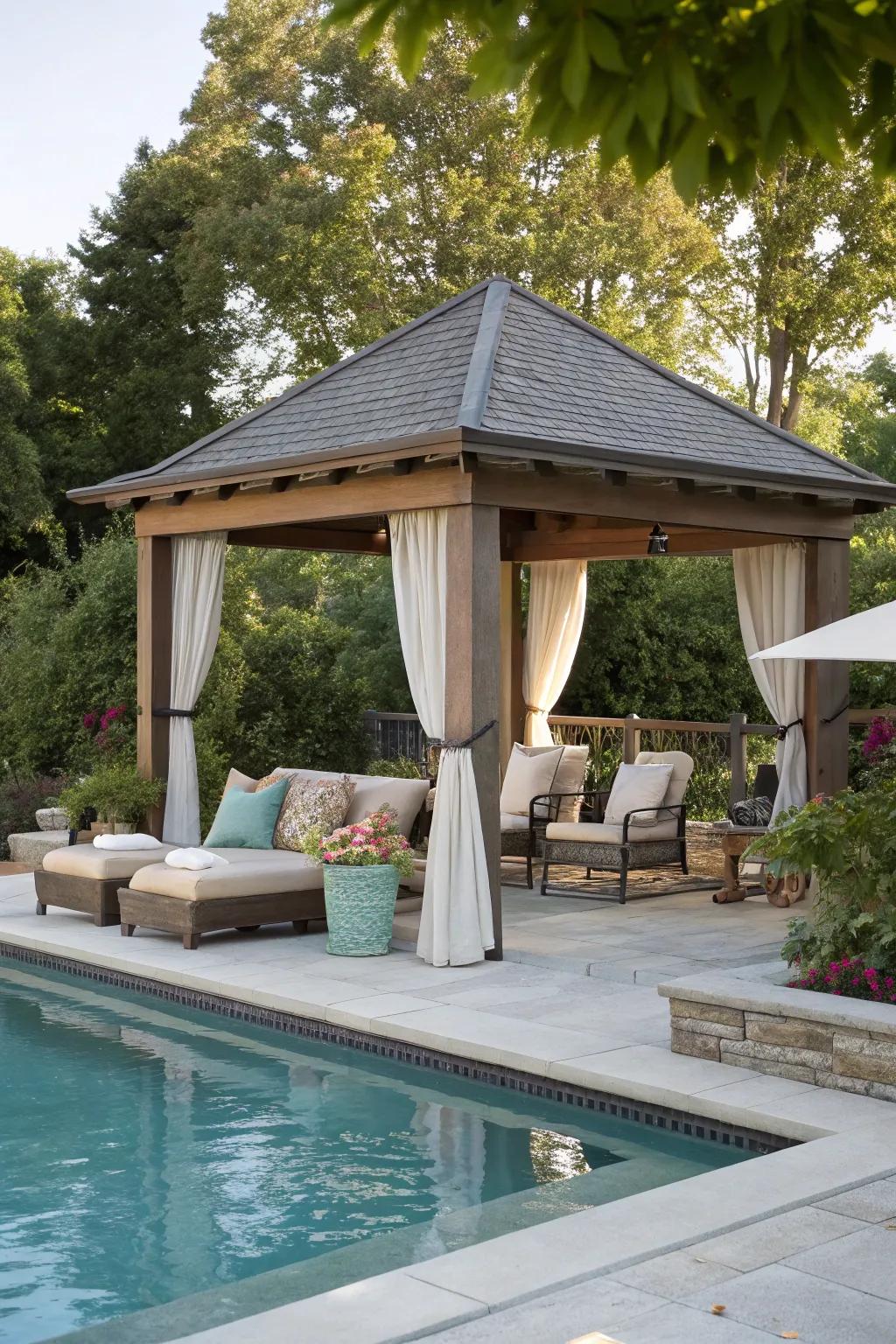 A pavilion provides a stylish and functional outdoor gathering space.