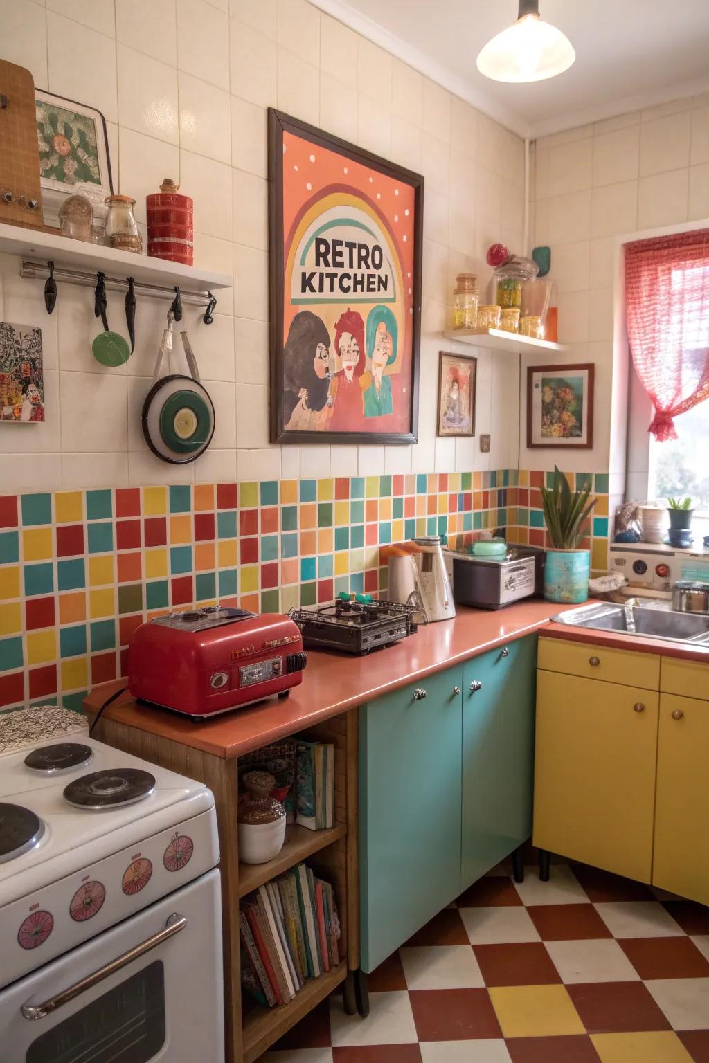 A retro name poster adding nostalgia to a lively kitchen.