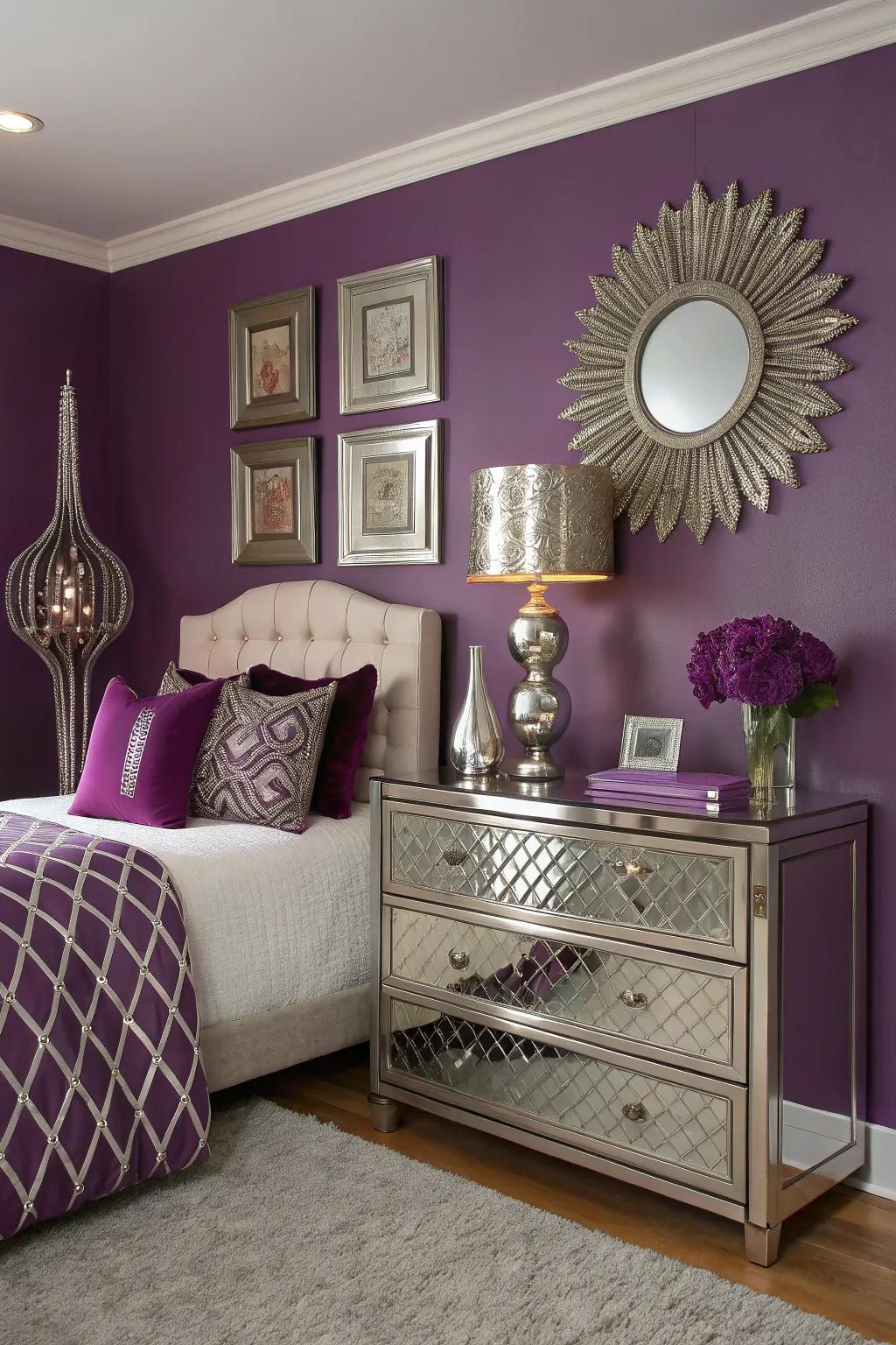 Stylish metallics adding glamor to violet walls.