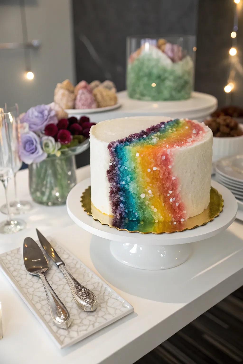 The rainbow geode cake is a dazzling and unique creation.