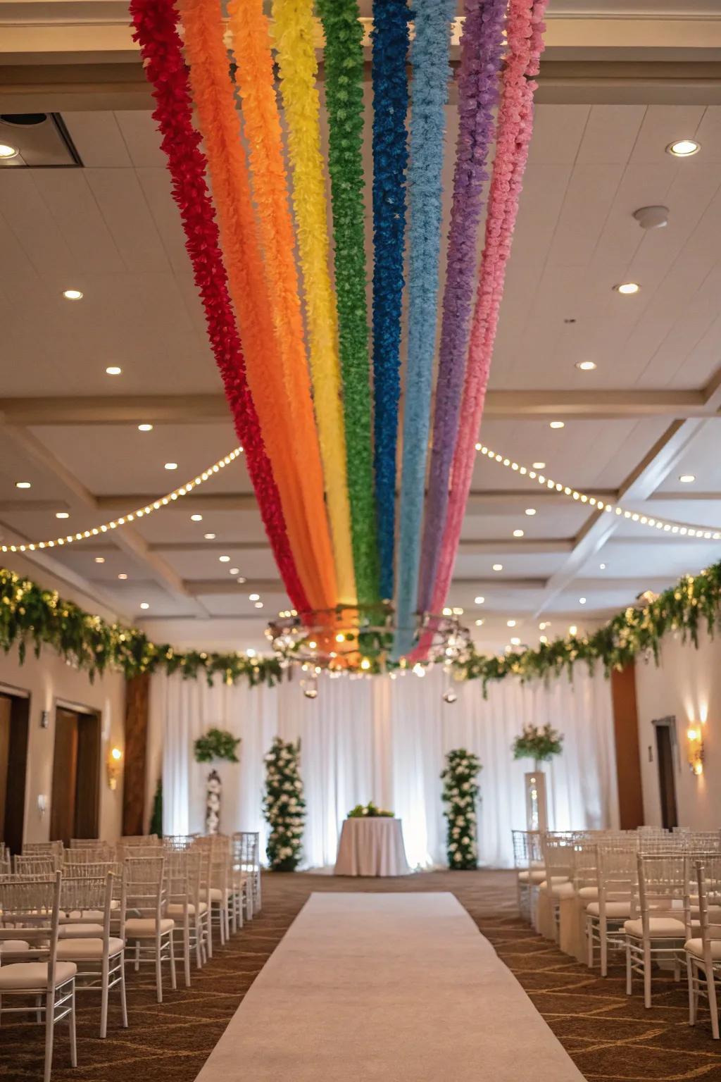 A wedding venue decorated with hanging rainbow garlands.