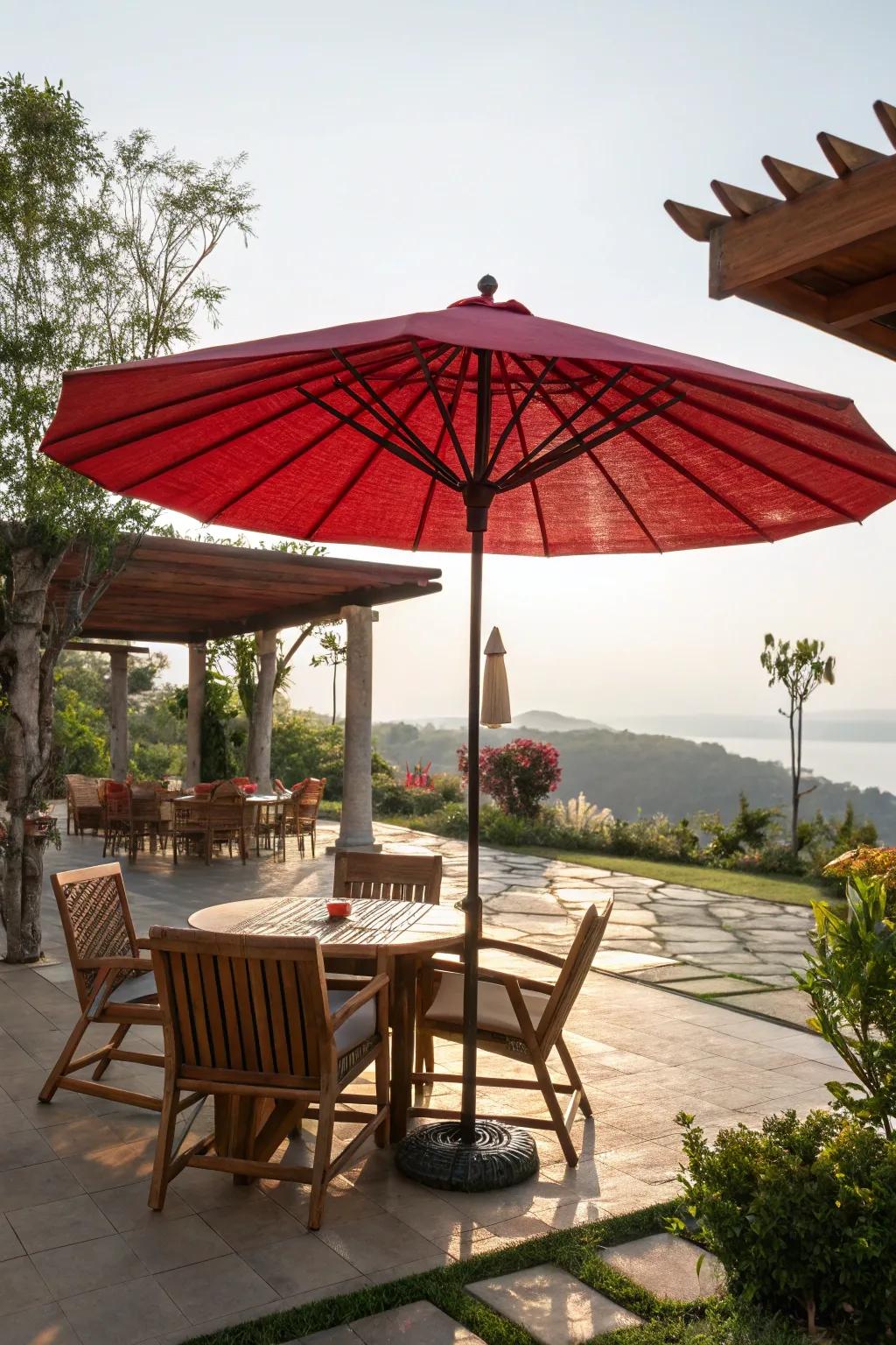 A red umbrella offers stylish sun protection.