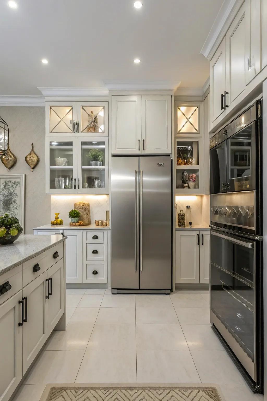 Symmetrical design around the refrigerator creates a harmonious kitchen space.