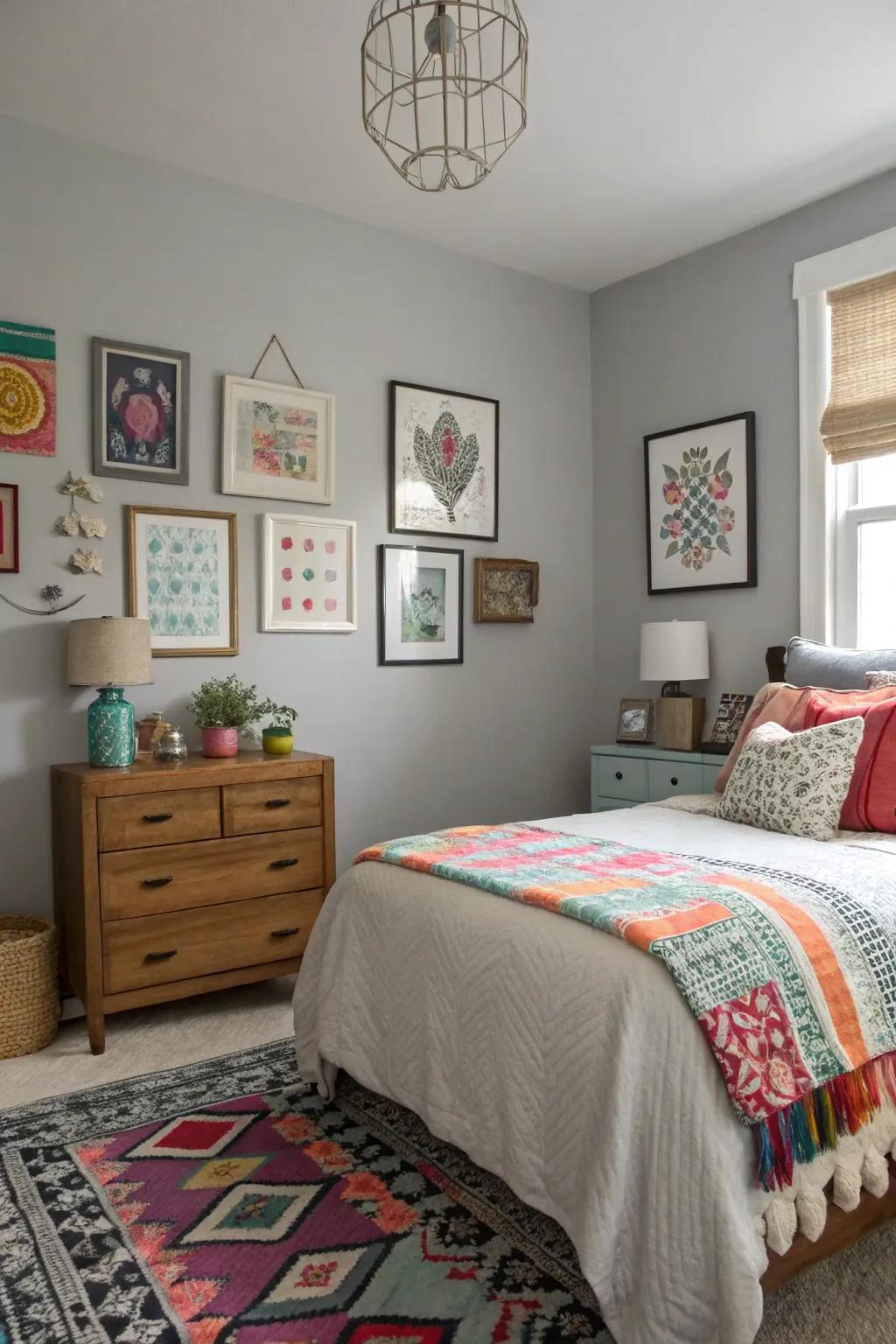 Eclectic details add personality to a Revere Pewter bedroom.