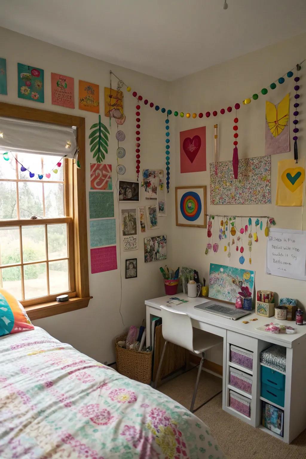 Do-it-yourself art endeavors incorporate a personal and creative touch to the room.
