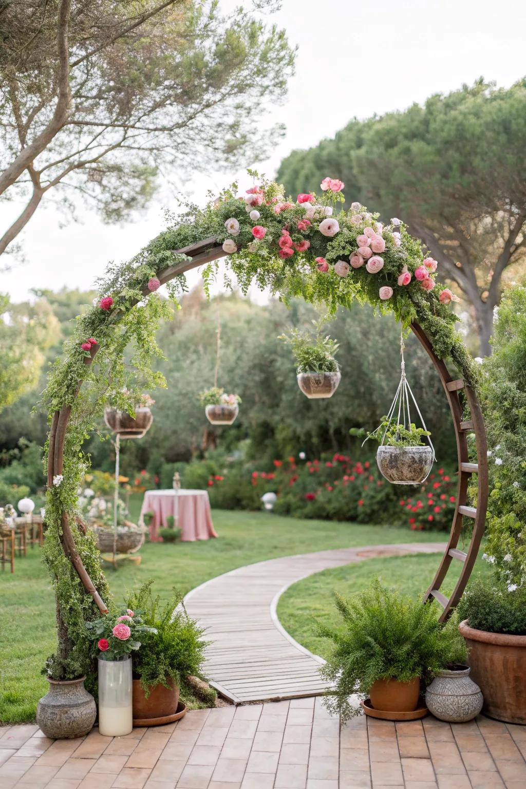 A garden-inspired round wedding arch with hanging elements.