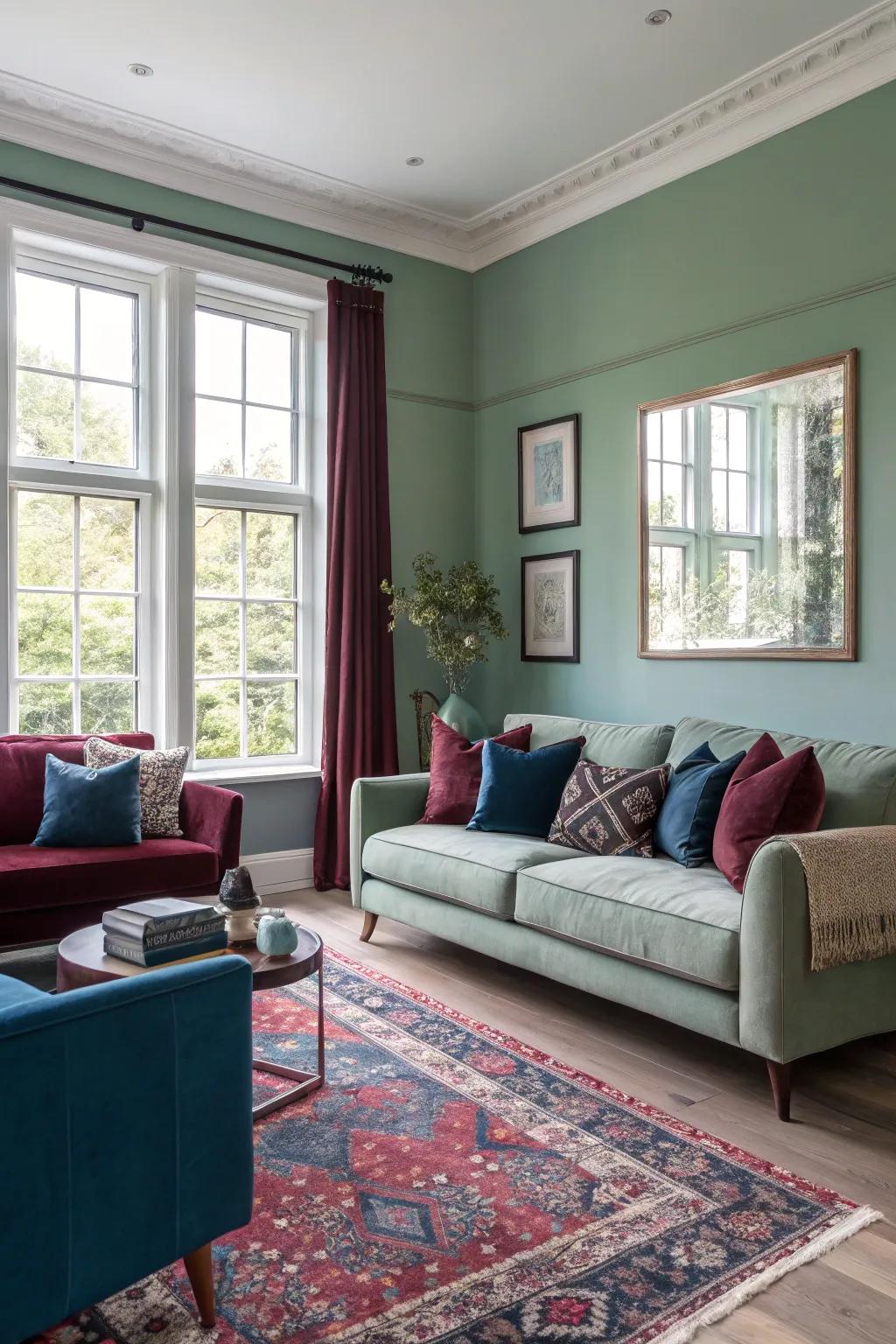 A modern living room with a bold contrast of sage green and deep colors.