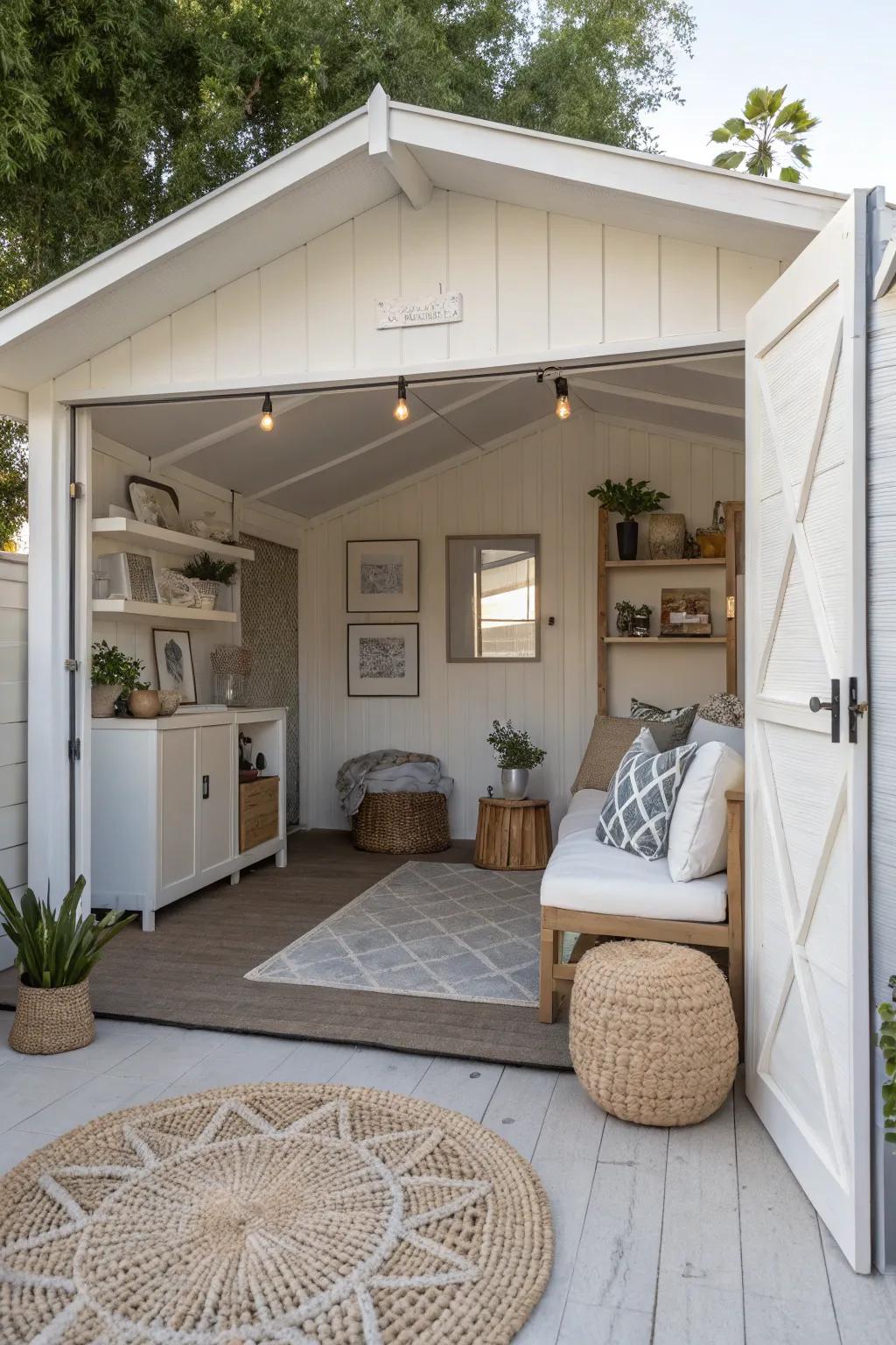 Create a modern minimalist space in your she shed with sleek design and neutral colors.