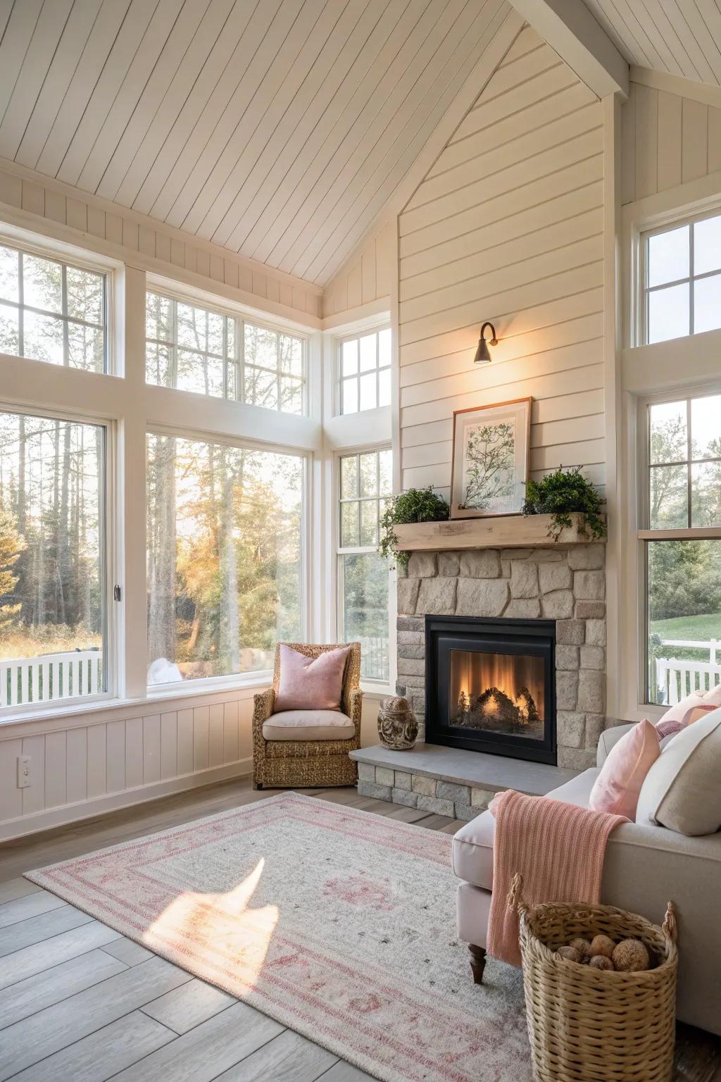 Shiplap fireplace in a sunroom creates a serene and light-filled retreat.