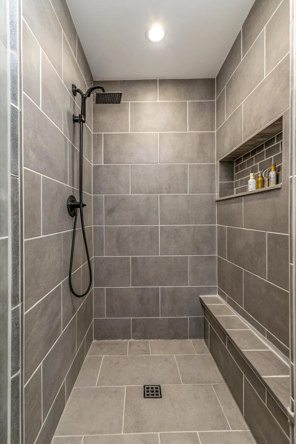 Elegant minimalism with grey tiles in a shower.