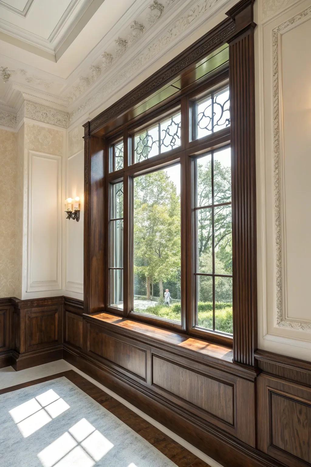 Deep timber trims create a stunning contrast.