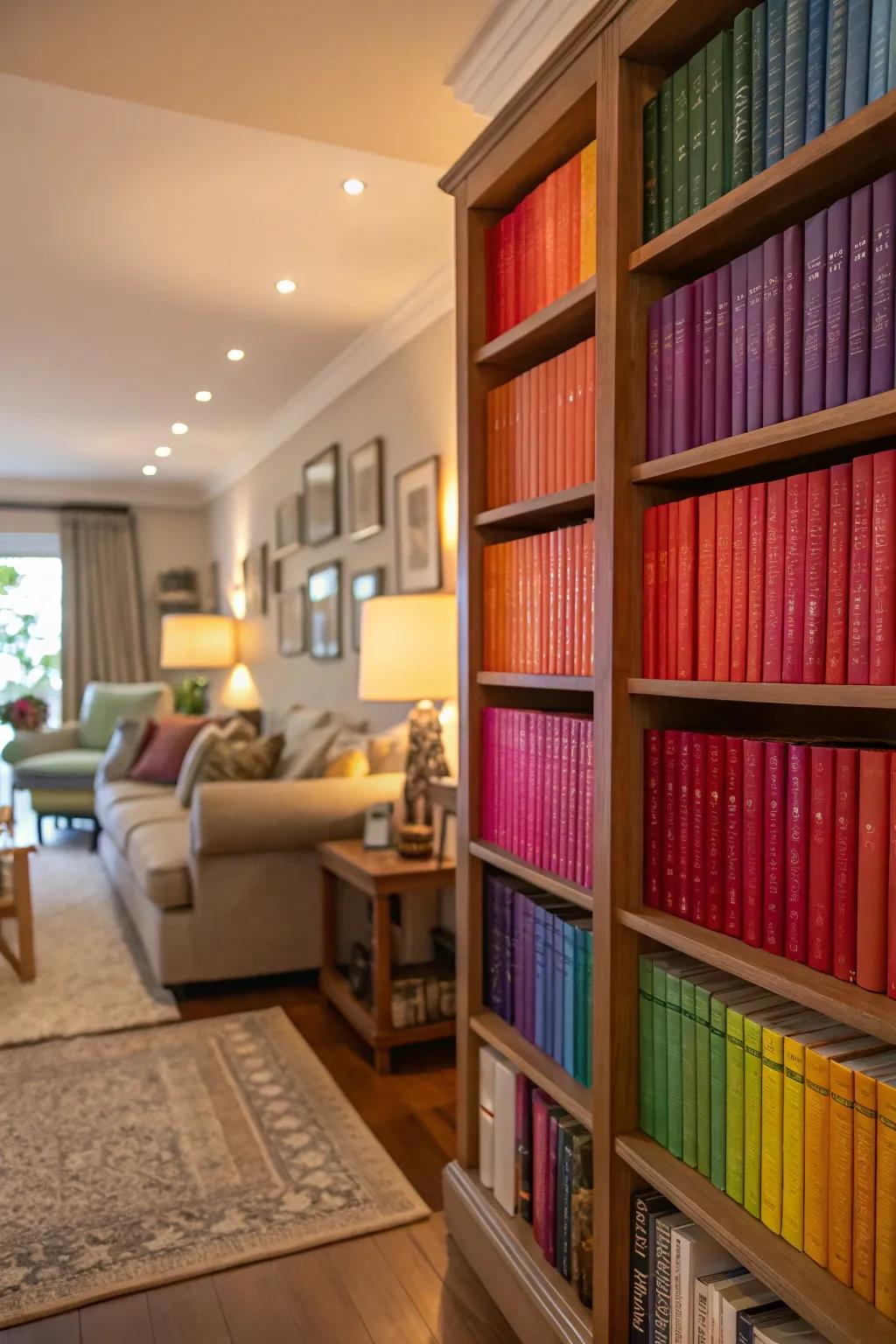 Color-coded bookshelves turn books into visual art.