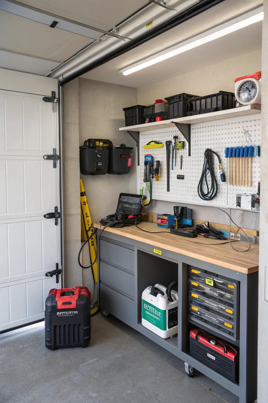 A charging station keeps your tools powered and organized.