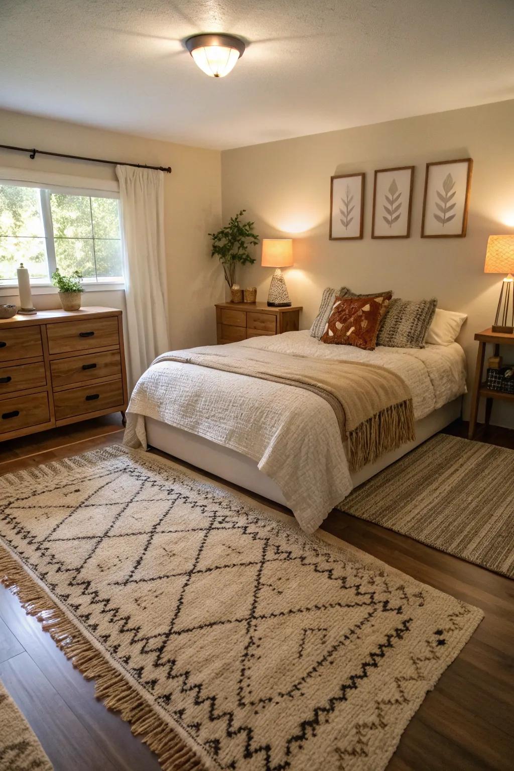 Layered ground coverings introduce texture within a small master bedroom.