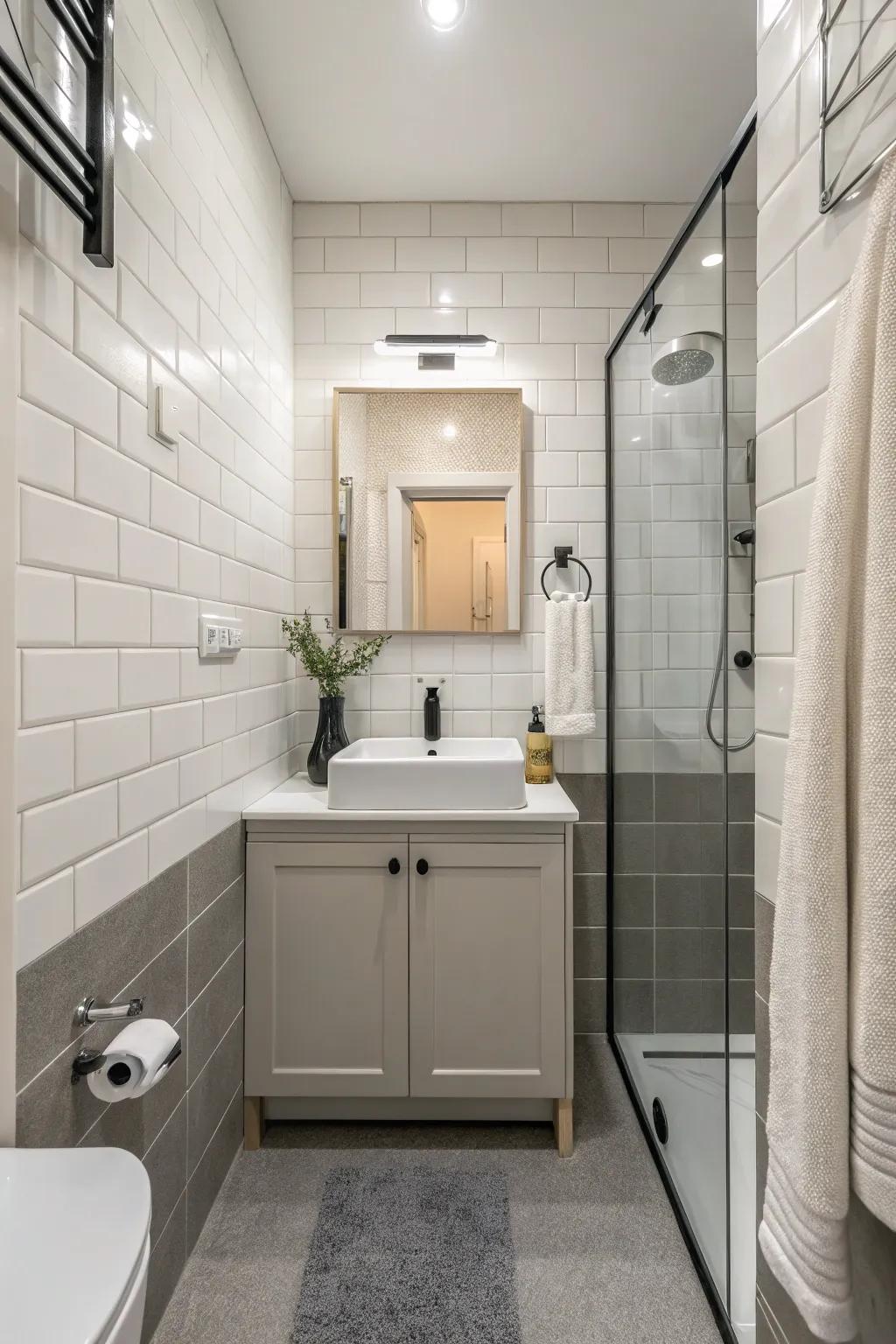 A monochromatic scheme unifies and enlarges this small bathroom.