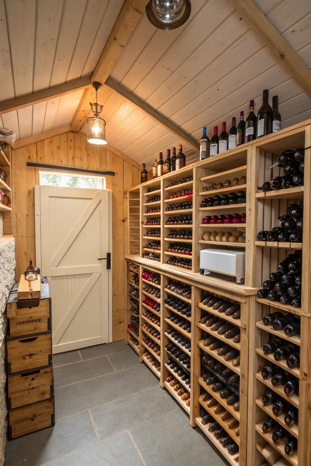 A delightful wine cellar inside a small shed.