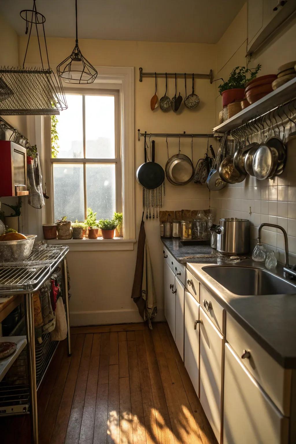 Metal racks provide practical storage in small kitchens.