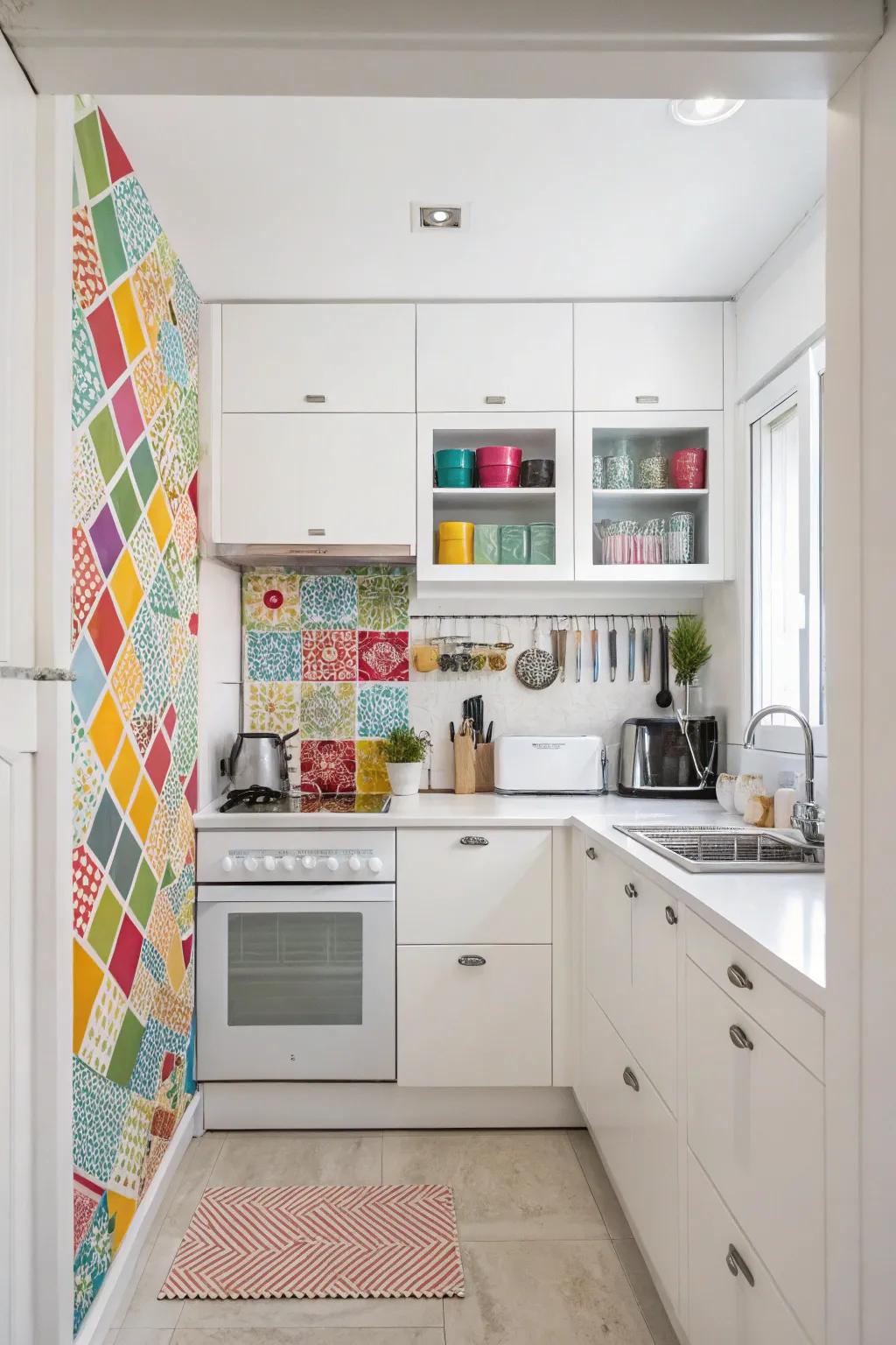 A pop of color adds personality to a white kitchen.