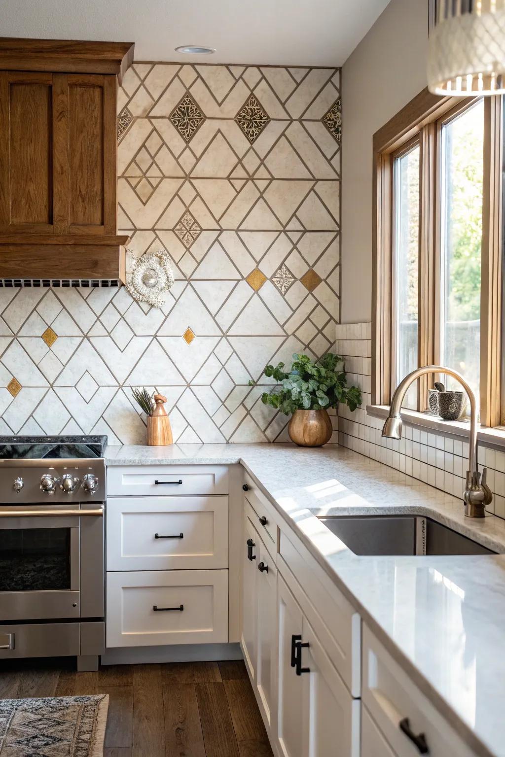 Diamond pattern tiles add geometric interest and elegance.