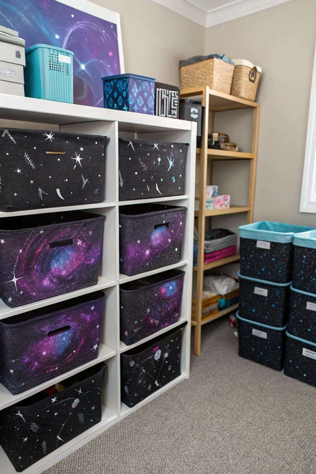 Galaxy-themed storage keeps the room organized and on-theme.