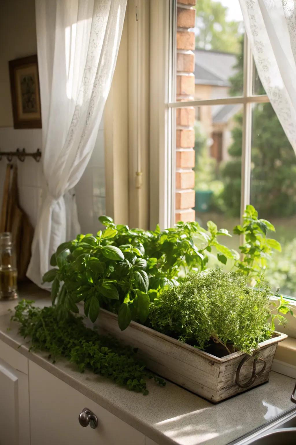 Fresh herbs in a window box add fragrance and greenery to the kitchen.