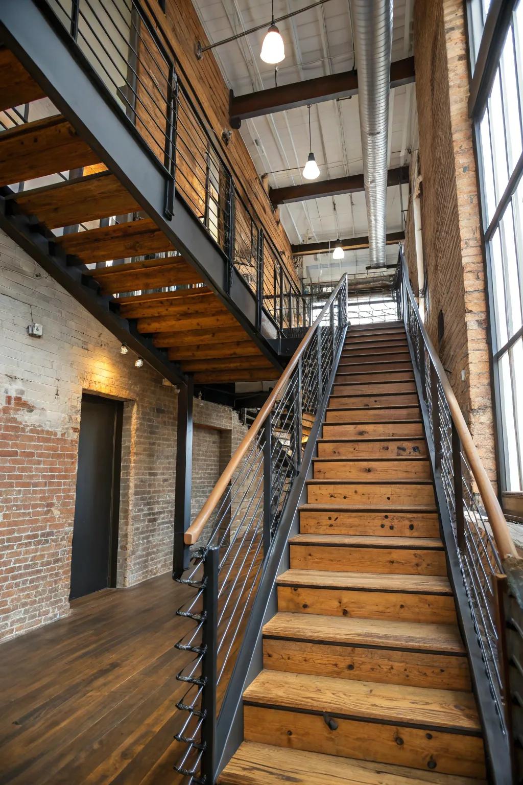 Modern industrial elements create an edgy, urban staircase design.