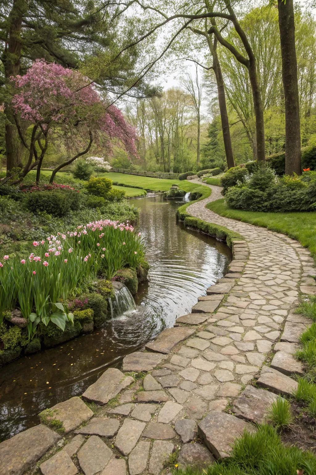 A water feature adds serenity and beauty to your stone path.