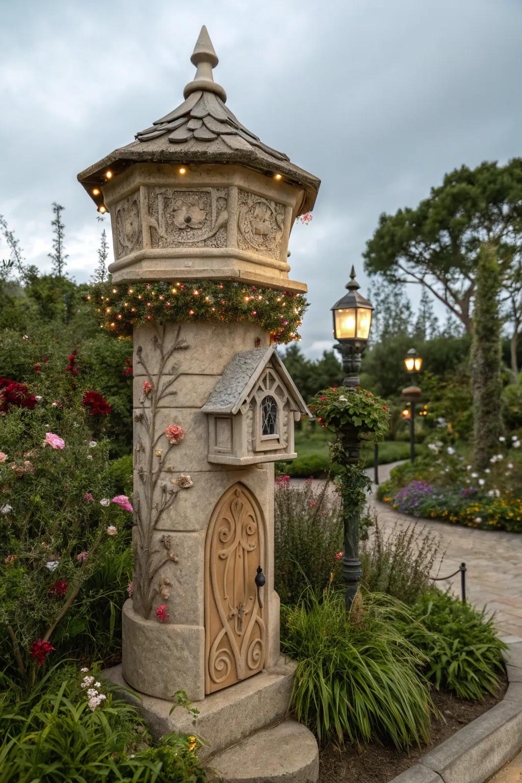 A magical stone mailbox pillar straight out of a fairy tale.