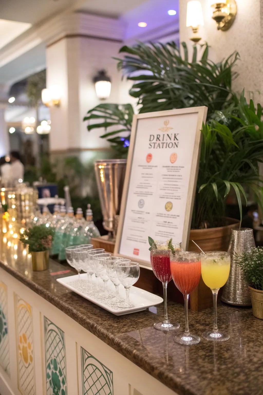 A themed drink station with stylish glasses.