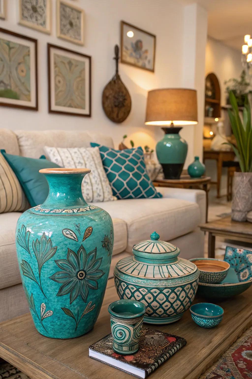 Artistic pottery in teal and turquoise adds a personal, handcrafted touch.