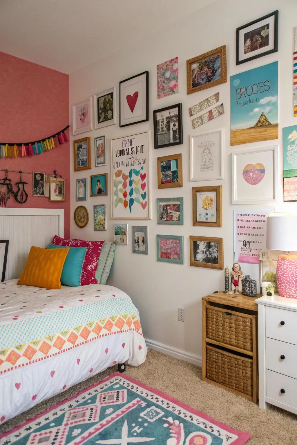 An eclectic gallery wall adds a fun and expressive feature to a teen girl's room.